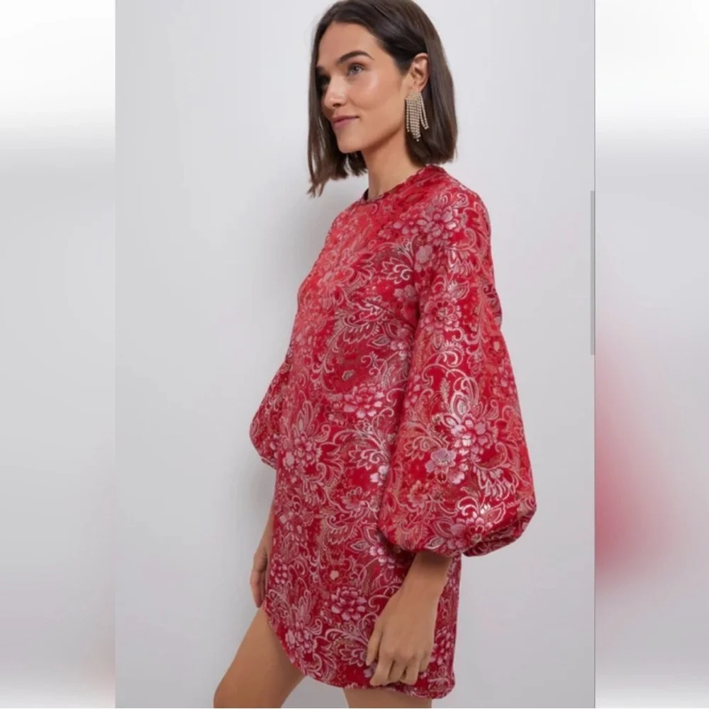 Hyacinth House Red Jacquard Janie Mini Dress ballon Sleeve NWT large - Picture 1 of 12